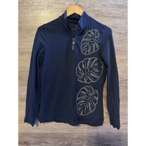 Tommy Bahama Navy Blue Zip Jacket Embroidered Leaf Women Sz S Tropical Vacation